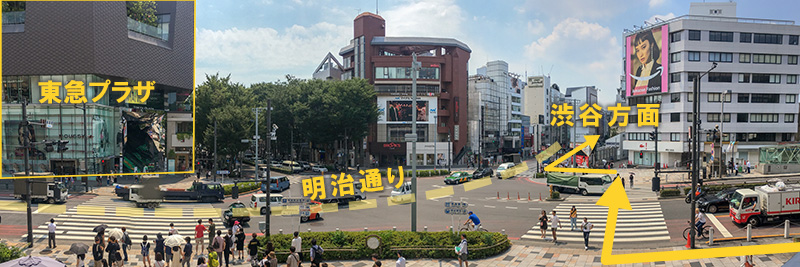 東急プラザの角を曲がって表参道から明治通りへ